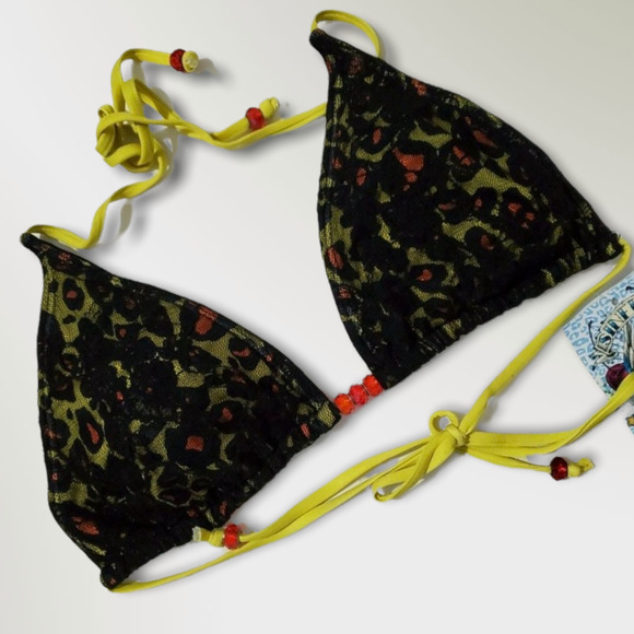 Sinful by Affliction Reversible String Bikini Top Medium Black & Yellow Swimsuit - Picture 1 of 5